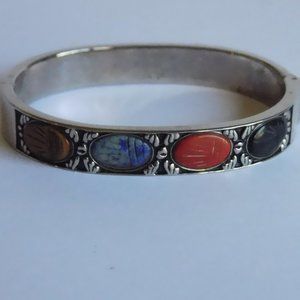 Vtg , Multi Gemstone Scarab Silver Hinged Bracelet
